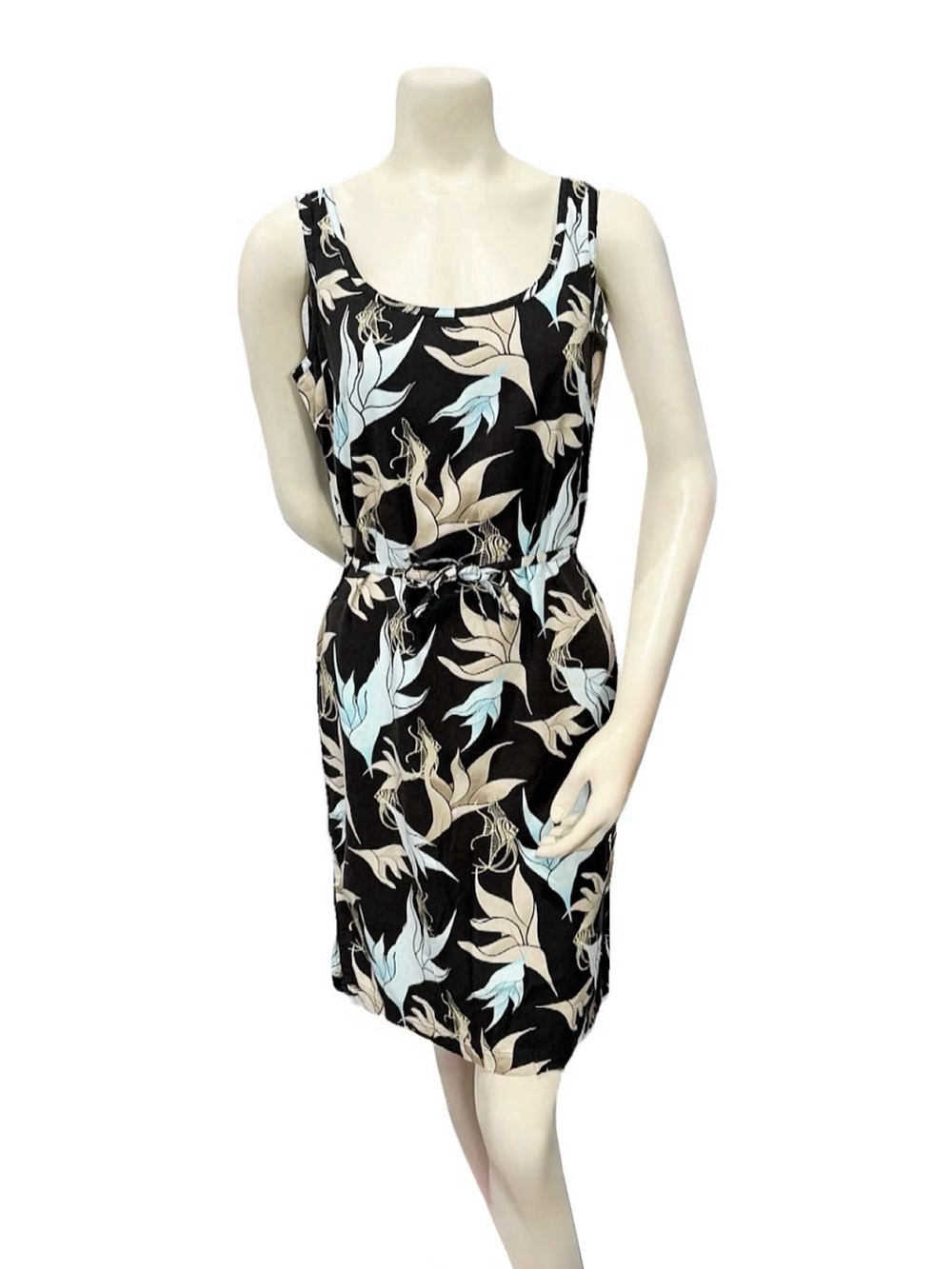 Columbia Small Tropical Floral Sleeveless Tie Waist Dress Black Blue Resort